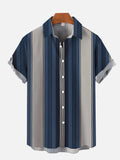 Vintage Blue And Grey Variegated Stripe Printing Short Sleeve Shirt