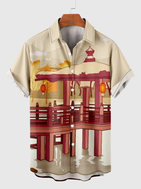 Chemise à manches courtes pour hommes avec impression de belvédère d'eau de style oriental