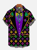 Mardi Gras Carnival  Green Yellow Purple Lilies Dress Up Tuxedo Printing Short Sleeve Shirt