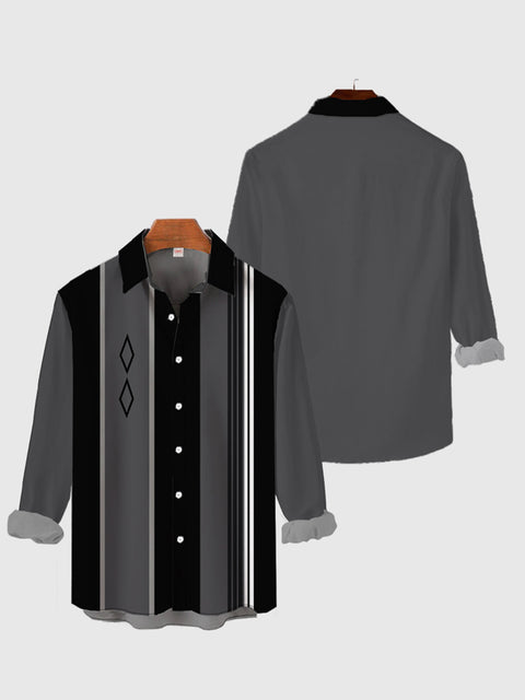 Simple Black And Gray Vertical Stripe And Rhombus Pattern Printing Men's Long Sleeve Shirt