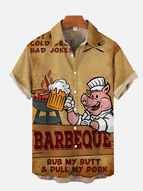 Rub My Butt & Pull My Pork P-Chef With Beer BBQ Printing Short Sleeve Shirt