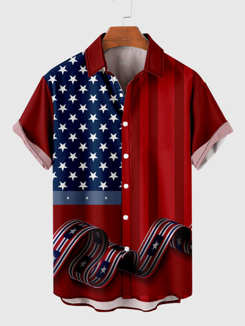 Red American Stars and Stripes Flag Nation Printing Men's Short Sleeve Shirt