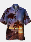 Eye-Catching Psychedelic Beach Purple Hawaiian Coconut Tree Print Short Sleeve Shirt