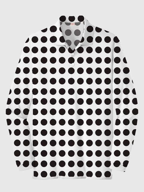 Black And White Polka Dot Printing Men‘s Long Sleeve Polo