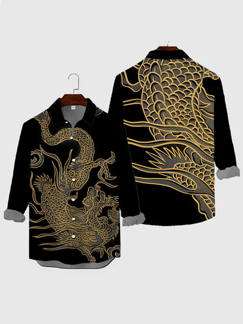 Chemise à manches longues pour homme Golden Dragon Cool Printing noire à imprimé complet