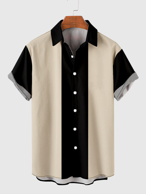 HOO 1960s Black and Off-White Stitching Men's Short Sleeve Shirt