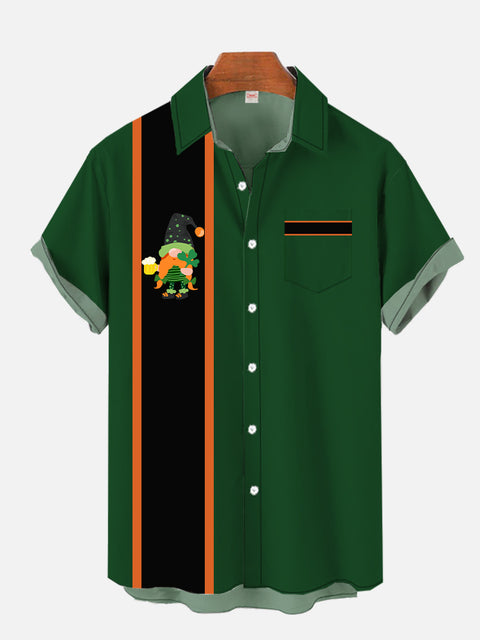 St. Patrick's Day Elements Black And Green Stitching Cartoon Gnome Luck With Clover Printing Men's Short Sleeve Shirt
