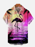 Pink Flamingo And Colorful Sunset Modern Art Painting Printing Short Sleeve Shirt