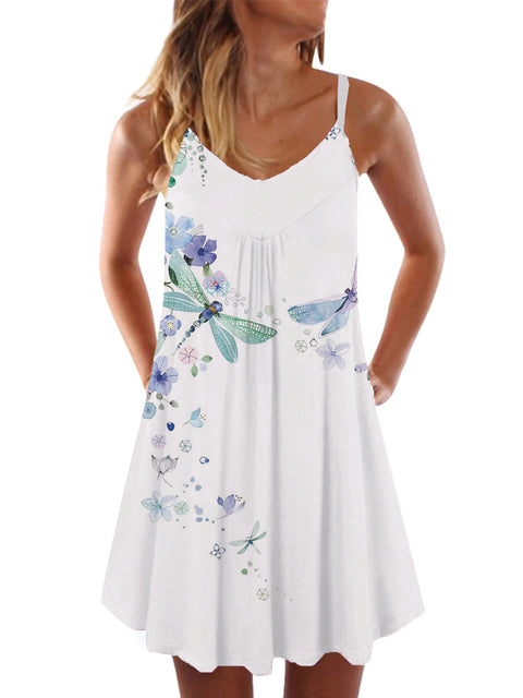 Spring Summer Daily Casual Dragonfly Printing Sleeveless Camisole Dress