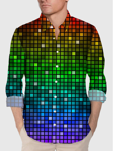 70's Disco Metallic Colorful Glitter Mosaic Pattern Printing Men's Long Sleeve Shirt
