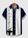 50s Navy & White Stitching Pianist and Musical Note Printing Men's Short Sleeve Shirt