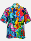 Eye-Catching Psychedelic Hippie Neon Colorful Seahorse Printing Cuban Collar Hawaiian Short Sleeve Shirt