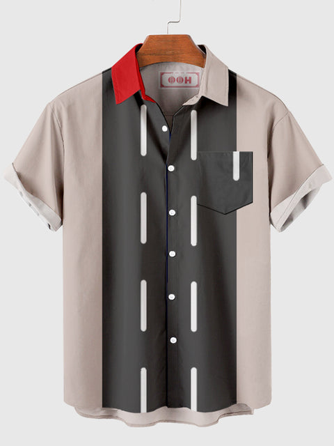 HOO Herren-Kurzarmhemd mit zweifarbigem Kragen in Grau und Khaki mit Nähten