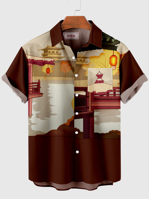 Kurzärmliges Herrenhemd im orientalischen Stil mit Seedruck