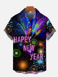 Happy New Year! Glitter Neon Fireworks Hawaiian Short Sleeve Shirt
