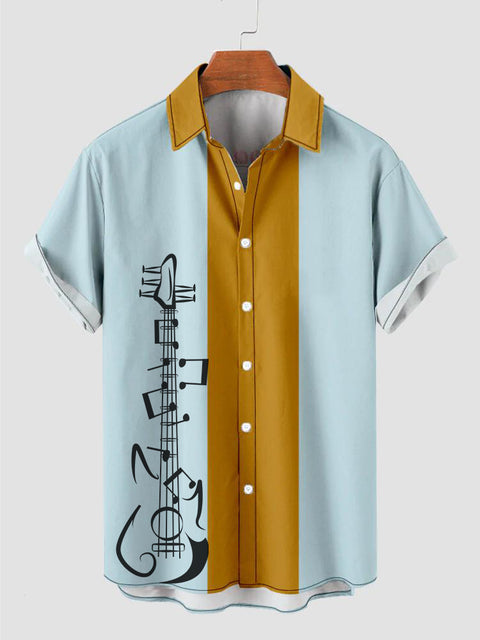 50s Yellow And Light Blue Stitching Guitar Printing Men's Short Sleeve Shirt