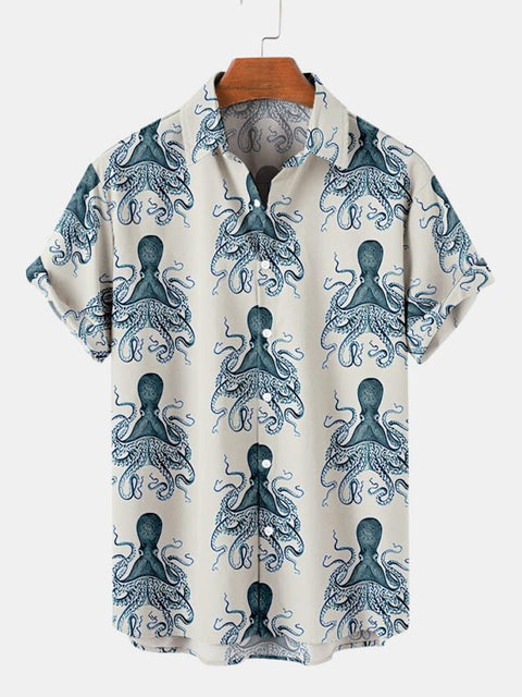 Chemise à manches courtes pour hommes décontractée à imprimé pieuvre
