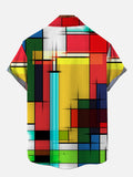 Simple Modern Artistic Abstract Geometric Red Blue Yellow Color Blocks Printing Breast Pocket Short Sleeve Shirt