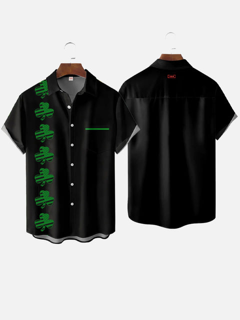 St. Patrick'S Day Black And Green Stitching Clover Stripe Printing Breast Pocket Short Sleeve Shirt