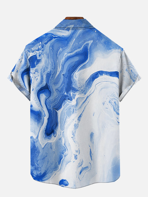 Marble Art Blue And White Watercolor Water Ripple Printing Short Sleeve Shirt