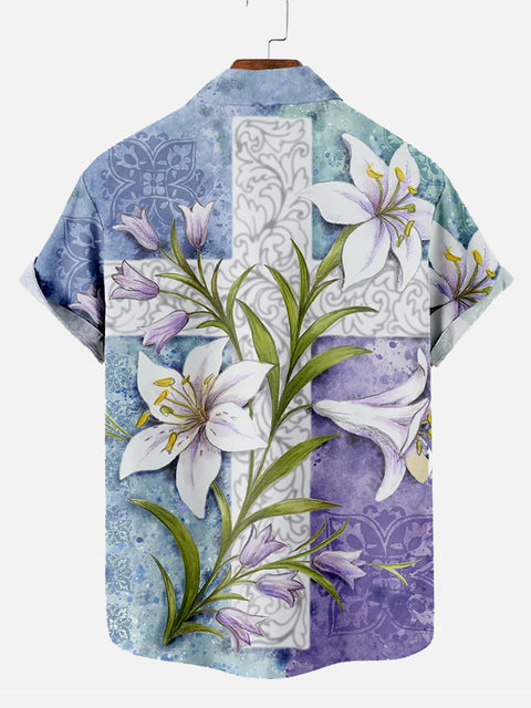 Blooming Lily Bouquet And Cross Easter Printing Short Sleeve Shirt