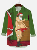 Christmas Element Green Naughty Naked Santa Printing Men's Long Sleeve Shirt
