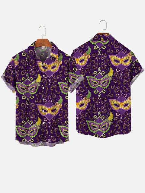 Purple Mardi Gras Carnival Crown Masquerade Dominos Printing Short Sleeve Shirt