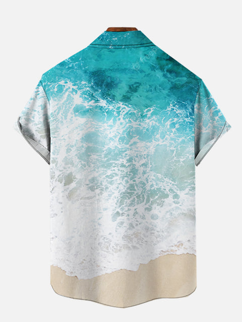 Swimming Together Sea Turtle Blue Ocean And White Waves Painting Printing Breast Pocket Short Sleeve Shirt