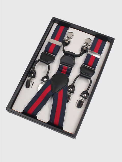 Bretelles élastiques pour hommes à six clips à rayures bleu marine et rouge de style britannique