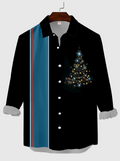 Vintage Black & Blue Stitching Shining Christmas Tree Printing Men's Long Sleeve Shirt