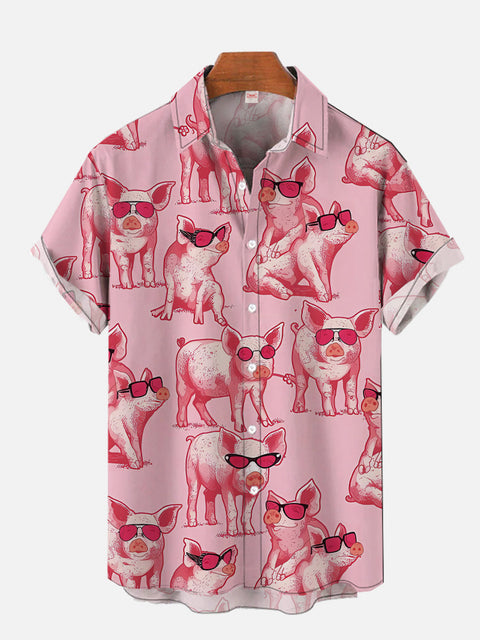 Hawaiian Funny Animal Pink Piggy Printing Beach Short Sleeve Shirt