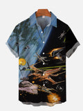 Technology Psychedelic Outer Space Earth Spaceship War Printing Short Sleeve Shirt