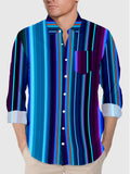 Vibrant Ethnic Boho Colorful Stripes Blue Stripes Printing Breast Pocket Men's Long Sleeve Shirt