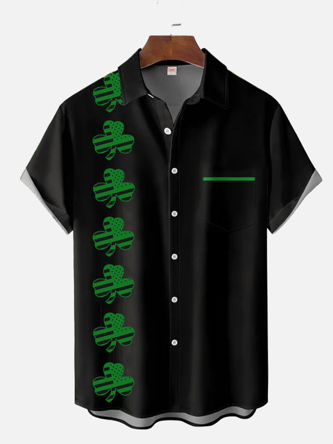 St. Patrick'S Day Black And Green Stitching Clover Stripe Printing Breast Pocket Short Sleeve Shirt