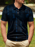 Blue And Black Gradient Number Code Print Button Short Sleeve Polo
