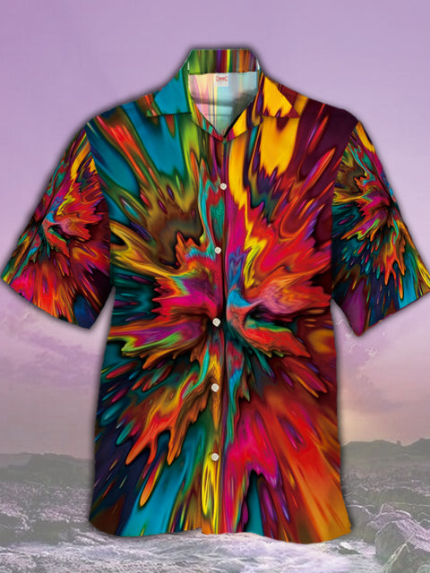 Eye-Catching Jet-like Colorful Mixed Paint Pattern Printing Cuban Collar Hawaiian Short Sleeve Shirt