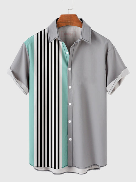 Kurzärmliges Herrenhemd mit schwarz-weißen Streifen und grauen Nähten aus den 1960er Jahren