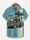 Hot Rod Blue And White Contrasting Coastal Classic Car Printing Short Sleeve Shirt