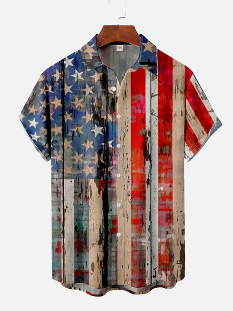 Vintage Wall Painting American Flag Printing Short Sleeve Shirt