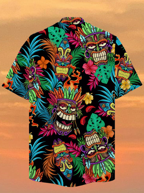 Eye-Catching Light Colorful Tropical Tribal Tikis Printing Cuban Collar Hawaiian Short Sleeve Shirt