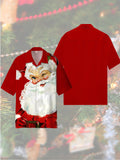 Christmas Elements Red Classic Gracious Bearded Santa Claus Printing Cuban Collar Men's Short Sleeve Shirt