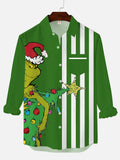 Christmas Elements Retro Green And White Stitching Green Monster Printing Men's Long Sleeve Shirt