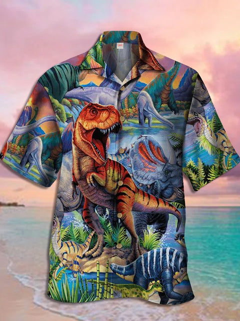 Eye-Catching Psychedelic Dinosaurs Printing Cuban Collar Hawaiian Short Sleeve Shirt