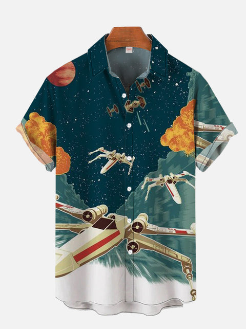 Space Fighter Bombing Scene Printing Short Sleeve Shirt