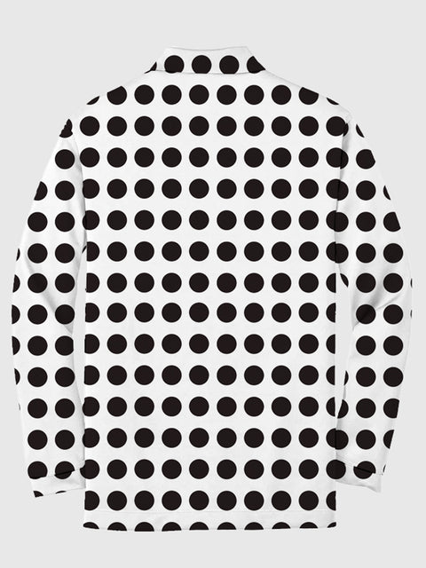 Black And White Polka Dot Printing Men‘s Long Sleeve Polo