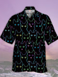 Eye-Catching Neon Fluorescent Lines Black Cat Printing Cuban Collar Hawaiian Short Sleeve Shirt