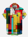 Simple Modern Artistic Abstract Geometric Red Blue Yellow Color Blocks Printing Breast Pocket Short Sleeve Shirt