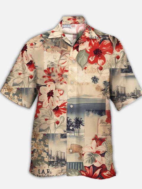 Eye-Catching Stylish Retro Artistic Summer Scenery And Red Flowers Printing Cuban Collar Hawaiian Short Sleeve Shirt