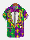 Mardi Gras Carnival Green And Purple Stitching Lilies Printing Dress Up Tuxedo Short Sleeve Shirt