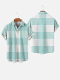 Cyan-Blue Check Printing Men's Short Sleeve Shirt